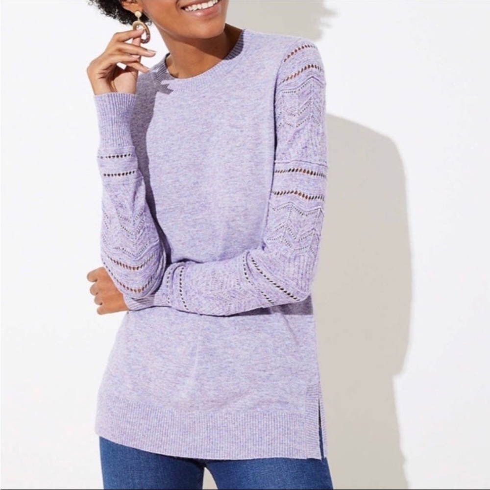 Loft pointelle stitched sleeve lavender Crewneck sweater